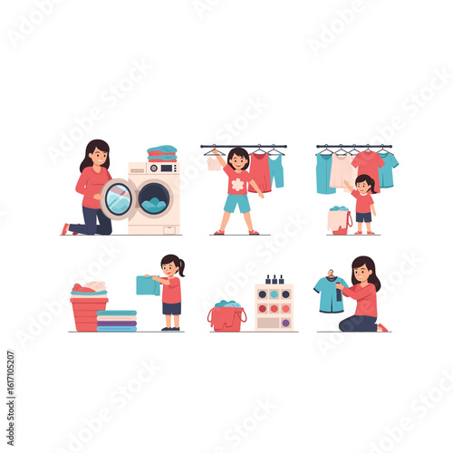 A set of six flat vector illustrations depicting a mother and daughter doing laundry chores together at home.