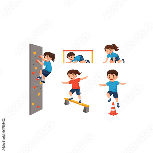 Set of cartoon children in physical education class. Kids doing sports exercises, climbing, jumping, and balancing on obstacle course.