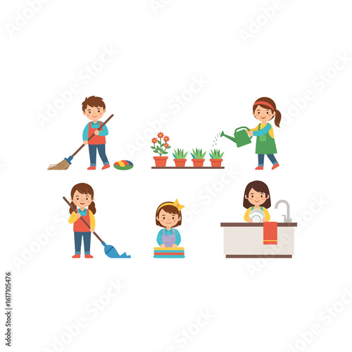 Kids Participating in Household Chores Sweeping, Watering Plants, and Washing Dishes