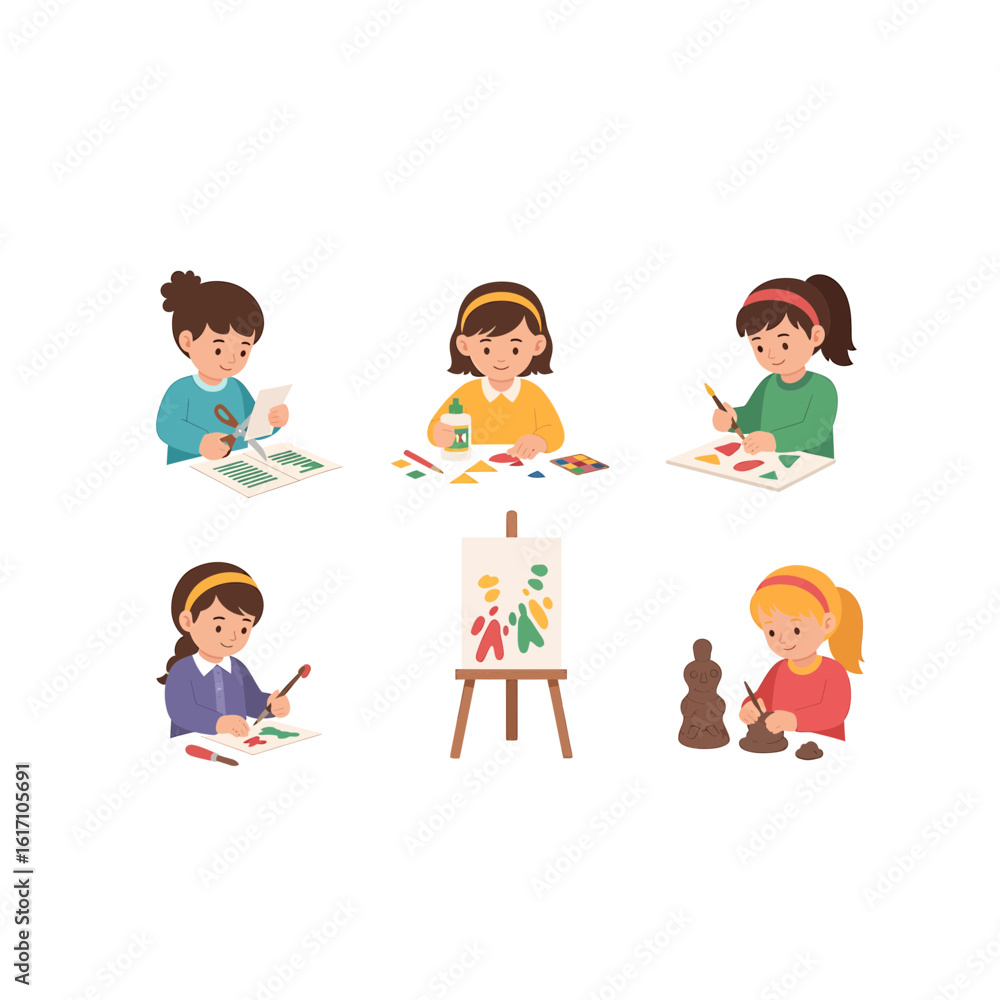 A set of illustrations featuring young girls engaged in creative art and craft activities in a workshop A set of illustrations featuring young girls engaged in creative art and craft activities in a workshop
