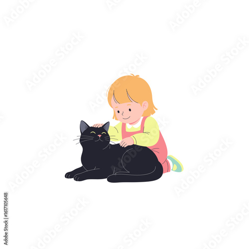 Simple flat vector illustration of a happy little girl stroking a black cat. Concept of childhood and pet friendship.