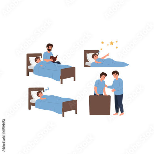 Father and son daily life moments illustration collection, including bedtime story and sleeping.