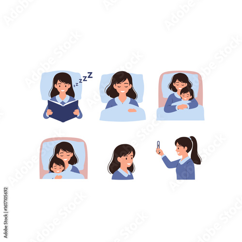 Character illustration set of a woman's peaceful evening and bedtime routine, including self-care and motherhood