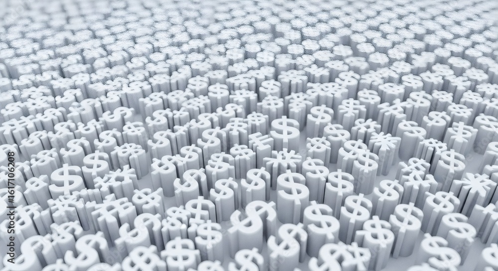 Fototapeta premium Numerous white dollar signs arranged in rows on a white surface
