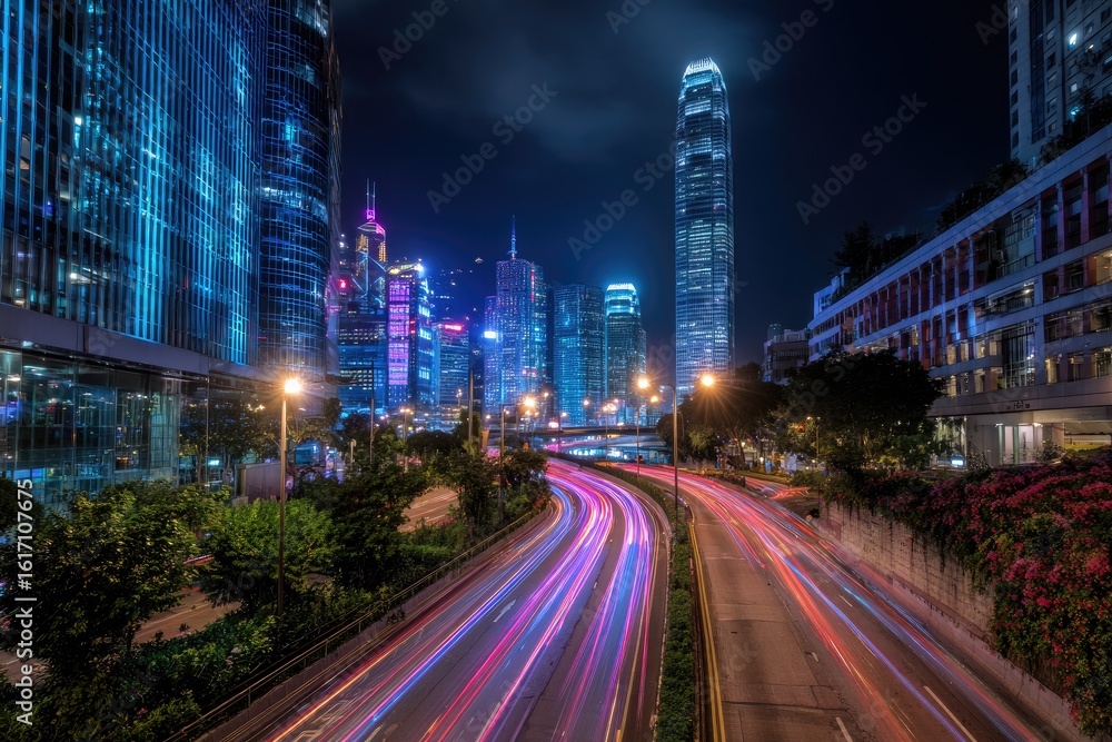 Fototapeta premium Night cityscape with light trails on highway