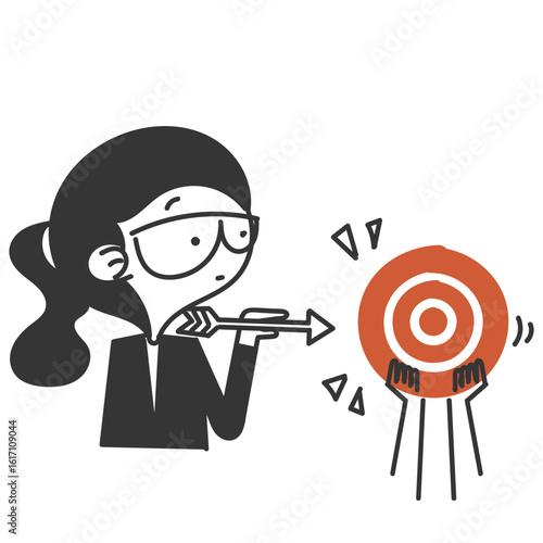cute girl trying to hit dartboard with arrow illustration in doodle cartoon style