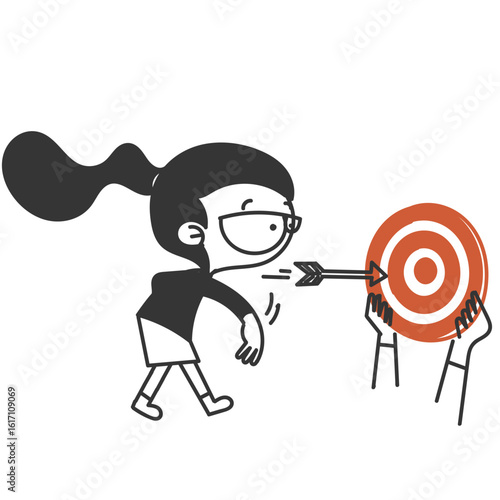 cute girl trying to hit dartboard with arrow illustration in doodle cartoon style