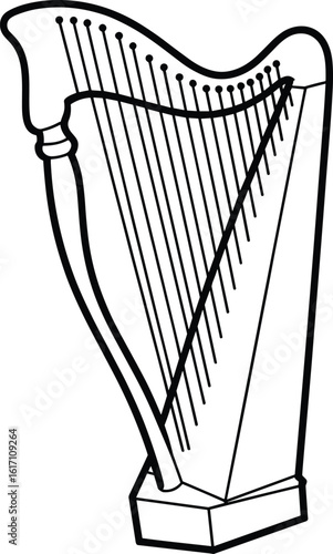 Elegant black and white illustration of classical harp, detailed stringed musical instrument drawing, artistic design for music lovers, stock vector