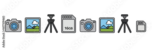 A vector of cameras tripods memory cards and landscape images