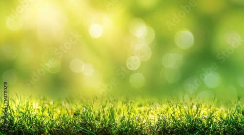 Lush green grass field with sunlit bokeh background