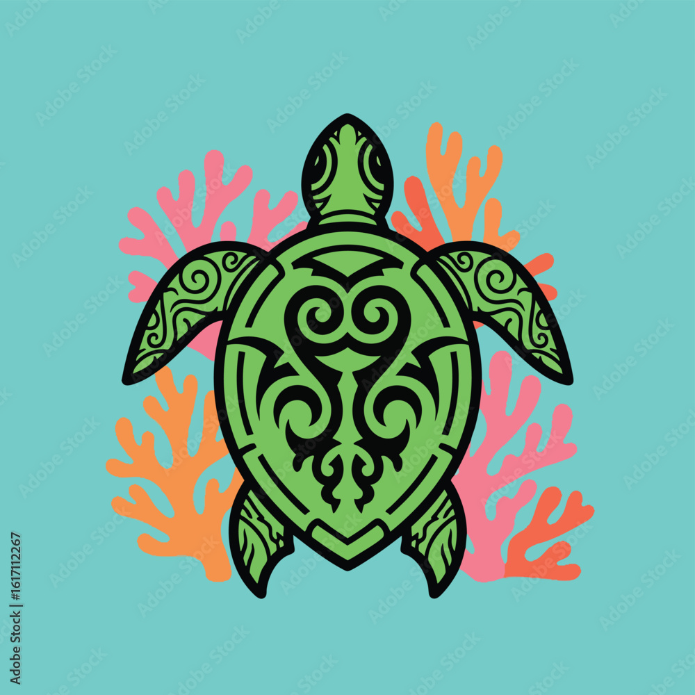 Fototapeta premium A stylized green sea turtle with intricate black tribal tattoo patterns.