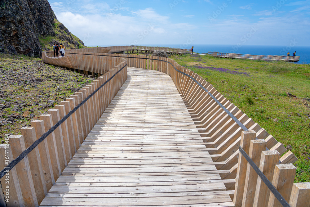Fototapeta premium Wooden cycle path with a different and peculiar configuration on the island of Santa Maria-Azores-Portugal.