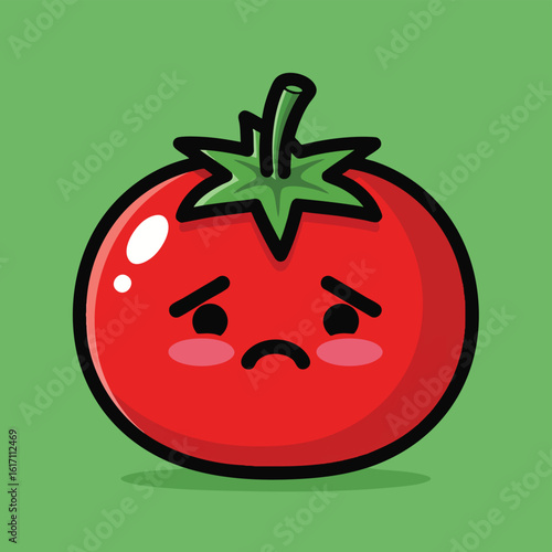 Cute cartoon tomato character with a sad frowning expression and blushing cheeks.