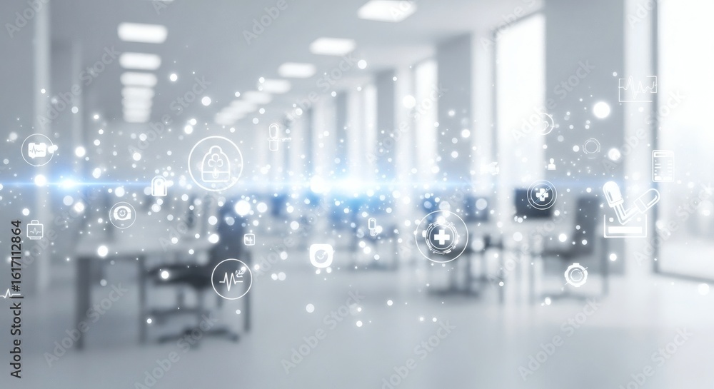 Fototapeta premium Digital medical icons float in a blurry bright office hallway