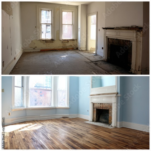 Before and after images showing the transformation of a renovated room. 