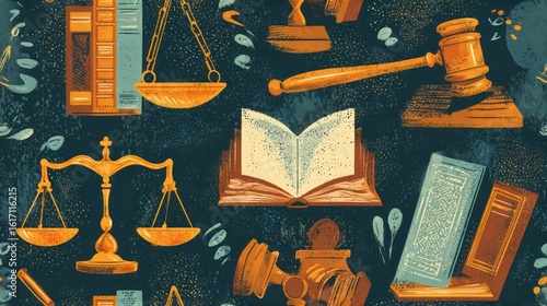 Illustration of legal and justice-related objects scattered on a dark textured background