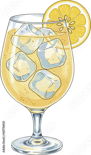 Watercolor illustration of a Gin Fizz cocktail in a tall glass