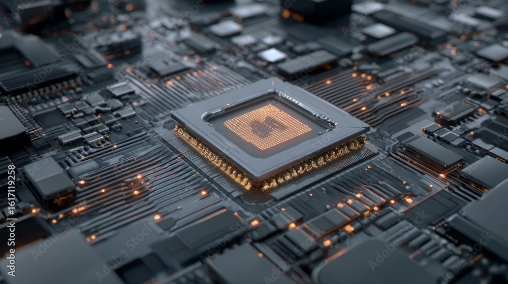 Fototapeta premium AI central processor unit on digital motherboard, machine learning and neural network visualization, 3D render --ar 16:9 --v 7 Job ID: c116de06-c21e-445b-b48b-bda2eb1680b7