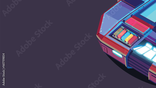 Close up view of a futuristic vehicle with colorful interior on a dark purple background space scene