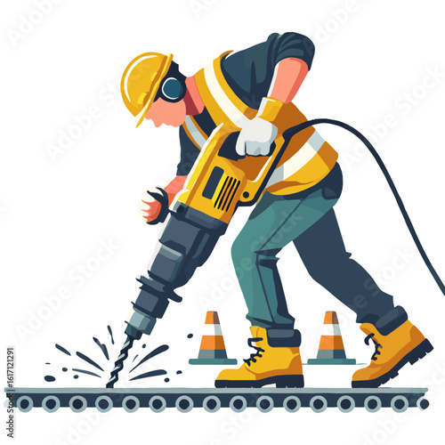 Construction Worker Operates Jackhammer with Safety Gear on a Road