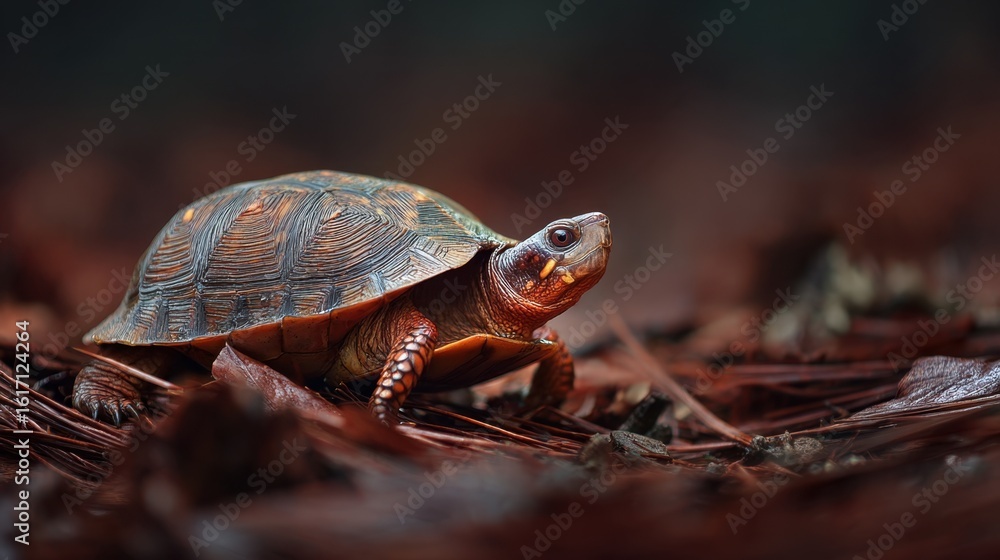 Naklejka premium Turtle with legs extended mid-stride on a bed of forest needles