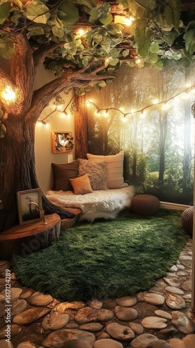 Cozy, enchanting reading nook with faux tree canopy, fairy lights, and forest backdrop