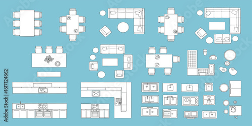Furniture outline top view. Floor plan icons set for design interior and architectural project. Furniture thin line icon in top view for layout.