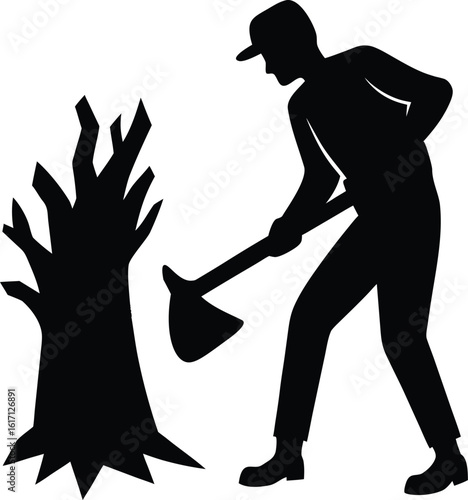 woodcutter chopping tree vector art illustration