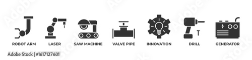 Advanced Industrial Innovation Icons set vector illustration glyph with  Robot arm, Laser, Saw machine, Valve pipe, Innovation, Drill, Generator