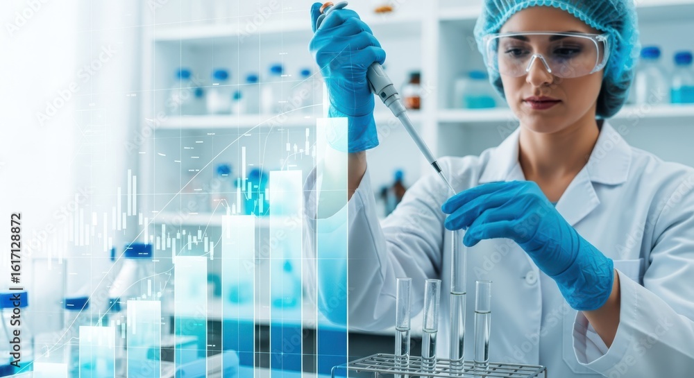 Fototapeta premium Female scientist in laboratory conducting research with pipette and test tubes