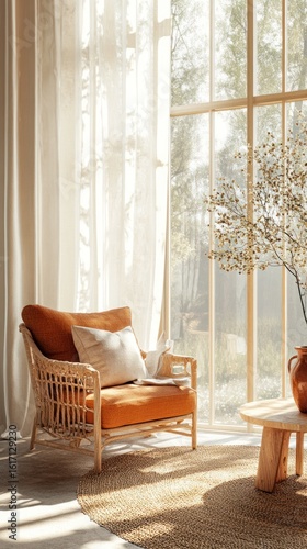 Sunlight streams into a room featuring a wicker armchair,  beige curtains, and a natural-toned interior