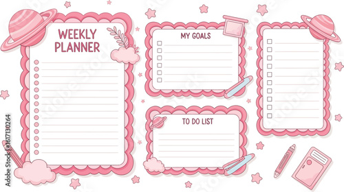 Organize your life with cute pink planner pages and celestial decorations