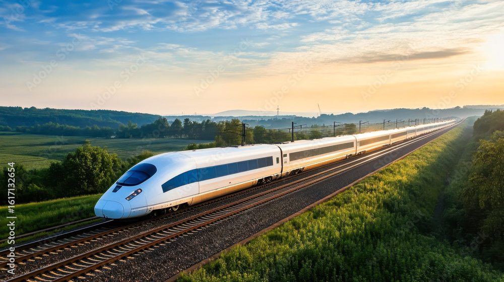 Naklejka premium High-Speed Rail Train at Sunset over Water