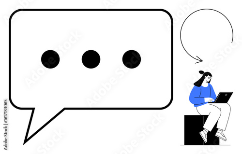 Speech bubble with ellipses next to woman on laptop, symbolizing messaging and virtual dialogue. Ideal for teamwork, digital communication, brainstorming, remote work, online chat, creativity, simple