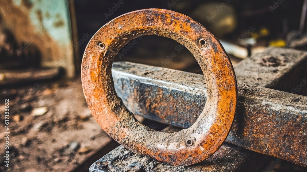 Rusty metal ring amidst debris Rusty metal ring amidst debris