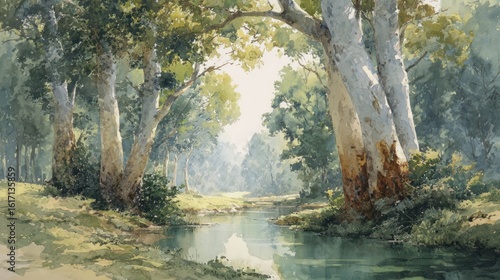 Watercolor painting of a serene creek flowing through a sunlit forest with tall trees