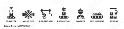 Automated Excellence Icons set vector illustration glyph with Conveyor, Valve pipe, Robotic arm, Production, Worker, Saw machine, Sorting