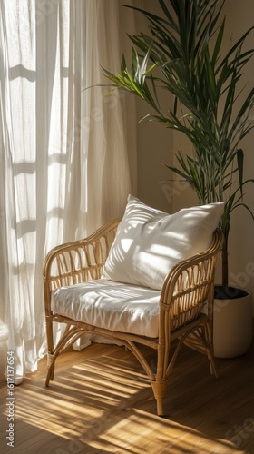 Sunlight streams into a room, highlighting a light beige rattan chair