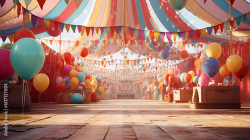 Colorful circus tent with balloons and festive decorations for party event celebration design concept