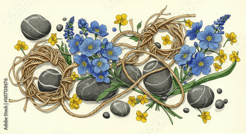 A beautiful still life composition with blue flax flowers, yellow buttercups, river stones, and jute twine. A botanical vector illustration.