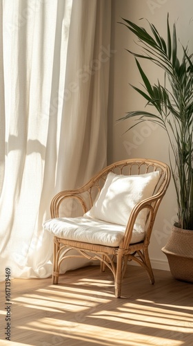Sunlight streams into a room, illuminating a light-colored wicker armchair