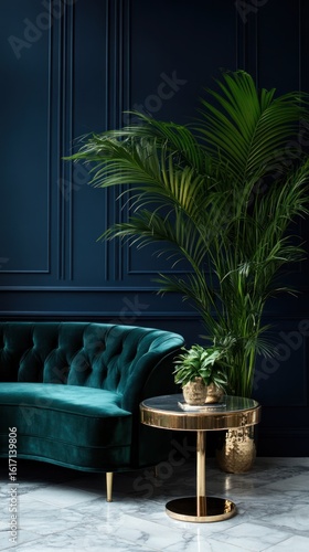 Deep teal velvet sectional sofa and small round table with plant in modern interior