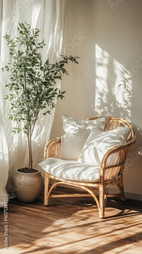 Sunlight streams into a cozy corner, highlighting a light-colored wicker chair and potted plant