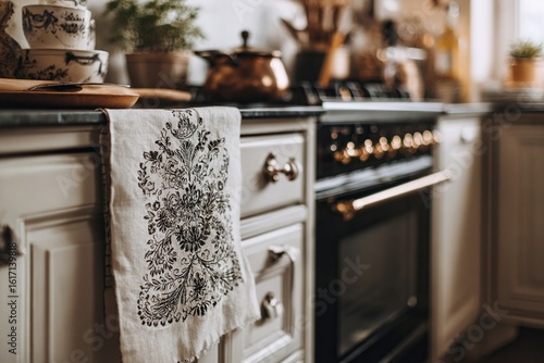 Cozy kitchen scene featuring neutral cabinets, an oven, and decorative dish towel