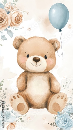 Cute teddy bear illustration.  Pastel-toned, whimsical, floral backdrop.  Light blue balloon floats above