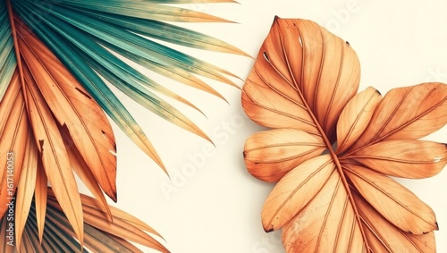 An abstract tropical background featuring large vintage palm leaves with intricate details and faded sunset hues, blending warm grunge textures and retro color tones of burnt orange, soft teal