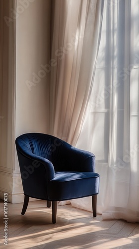 A deep blue upholstered armchair, positioned in a sunlit corner of a room, with sheer cream curtains