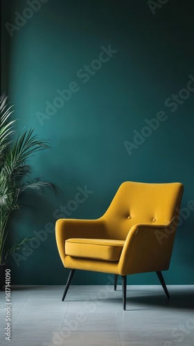 Modern yellow armchair against teal wall.  Plant beside