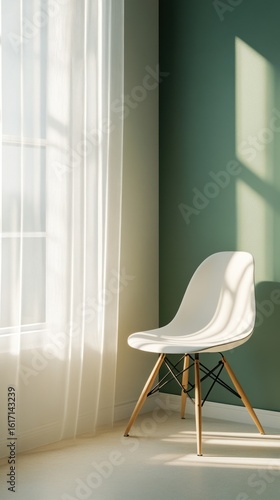 Sunlight streams into a room with a white chair