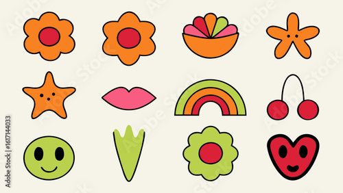 Abstract linocut style geometric shapes with a funky playful vibe and sticker elements for creative projects